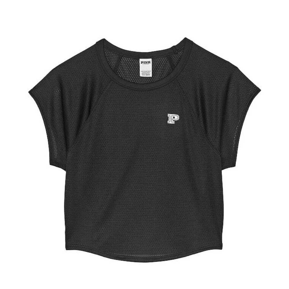 Victoria's Secret Pink Mesh Cropped Ringer Tee Short Sleeve BLACK MEDIUM